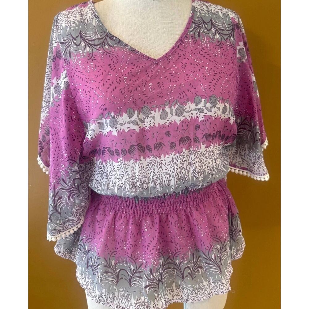 Max Blouse Top Womens UK 12 Purple Gray Floral Smocked Waist V Neck Pullover